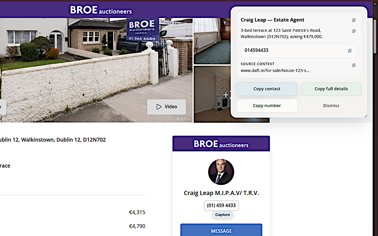 QuickContact Browser Companion capturing a listing contact directly from a property page.